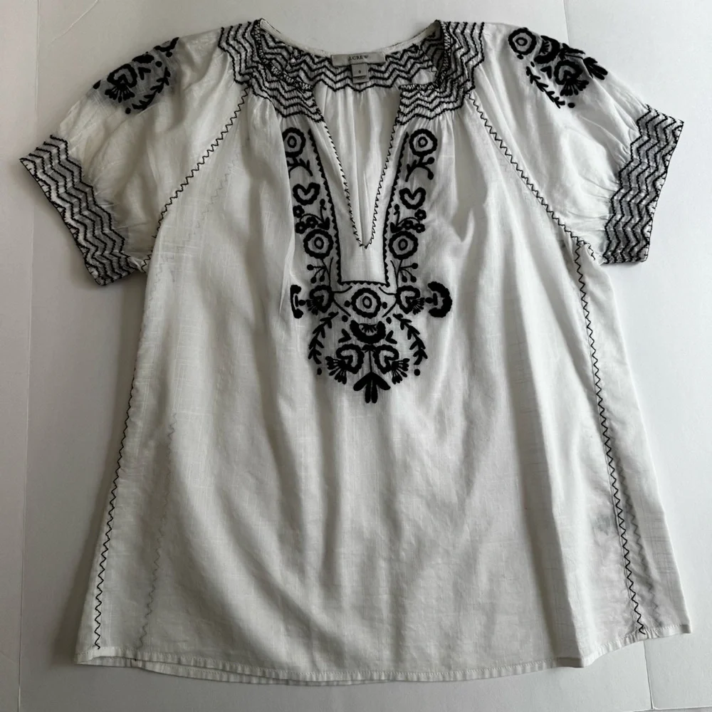 J.Crew White Cotton Gauze Black Embroidered V-Neck Puff Sleeve Top 0